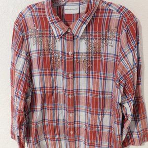 Alfred Dunner Women's Button Front Shiny Embellished Plaid Shirt Top Size 16